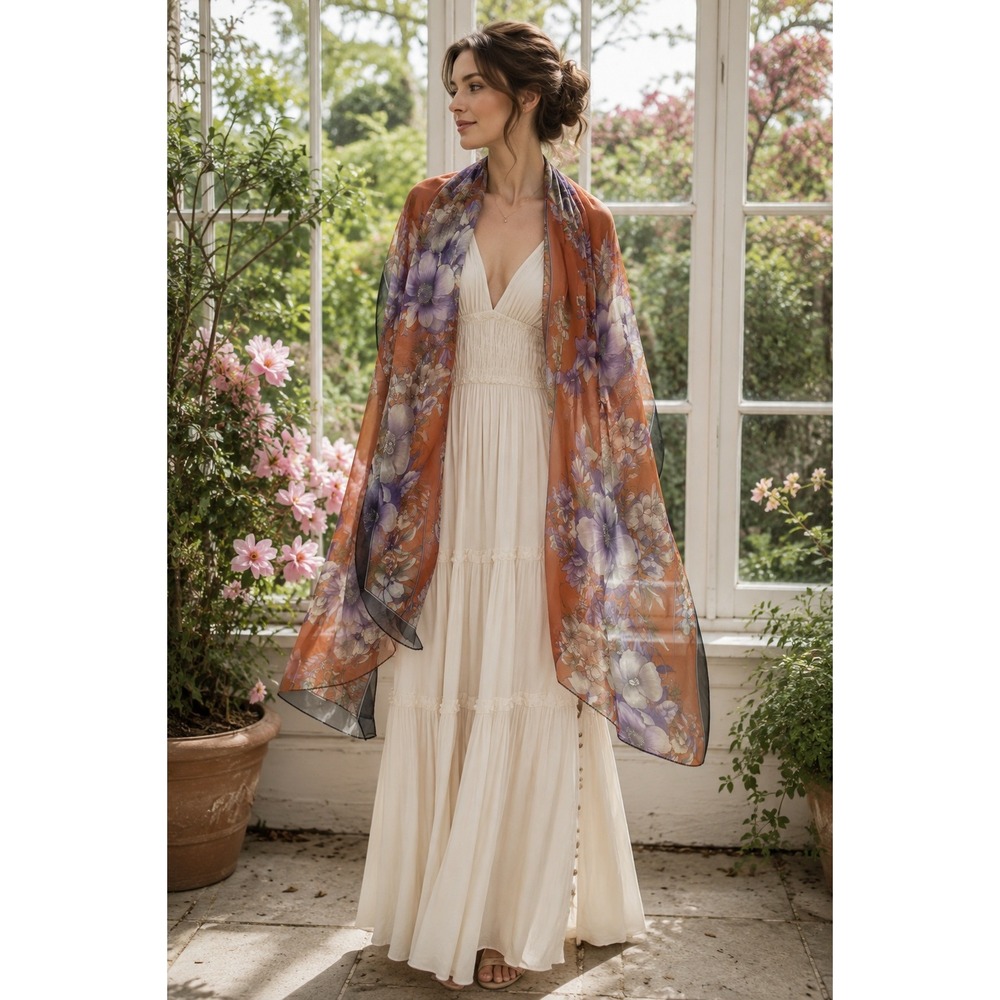 Vintage Floral Chiffon‎ Oblong Scarf Sheer Lavender Orange Romantic Wrap